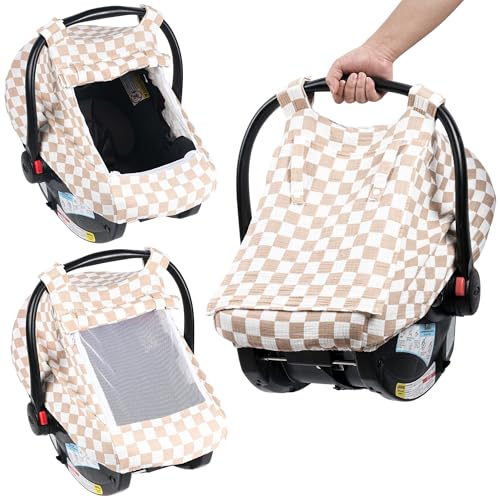 Image of Summer Muslin Car Seat Cover for Baby – Breathable & Privacy Canopy with Large Mesh Window,3 Adjustable Modes,Easy Install Universal Fit for Infant Car Seats (Khaki Checkered)