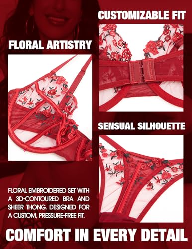 Image of Lingerie Sexy Bra and Panty Set for Women See Through Sheer Underwear Cute Exotic Floral Embroidery Babydoll Set