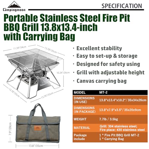 Campingmoon Campinggrill, Edelstahl, faltbar, tragbar, Holzkohlegrill, 35,6 cm, mit Tragetasche MT-2