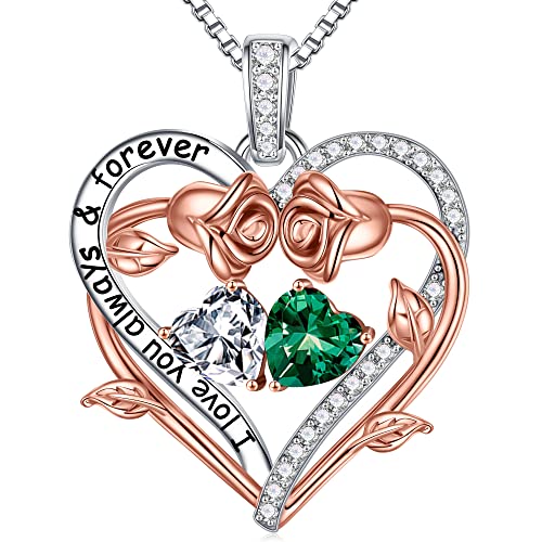 Iefil Rose Heart Birthstone Necklace Gifts for Women Mom Grandma, Birthstone Jewelry Natural or Created Gemstone Mothers Day Birthday Christmas Gifts for Mom Grandma Her Wife Girlfriend Women,