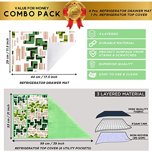 Image of Polyester 3-Layered Fridge Top Cover /Refrigerator Cover with Utility Pockets and Set of 4 Pc Fridge Mats (Color-Green, Size-39x21 Inch)