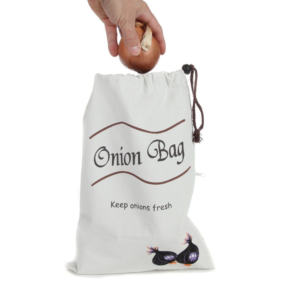 Home-X Drawstring Vegetable Bag, Designed to Keep Onions Fresh for Longer, White (Holds 10lbs)