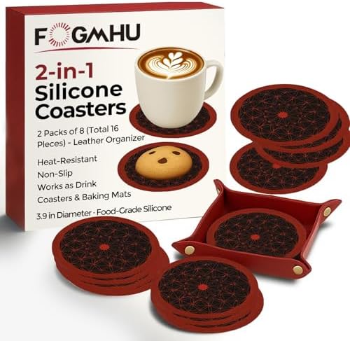2-in-1 Silicone Baking Mat & Coasters (16-Pack + Tray), Mini Size, Heat Resistant 500 F, Non-Slip, Dishwasher Safe