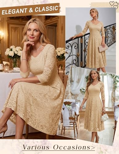 Image of Dressystar Womens Long-Sleeve Wedding Guest Dress A-Line Lace Formal Party Cocktail Midi Dress Prom Gown