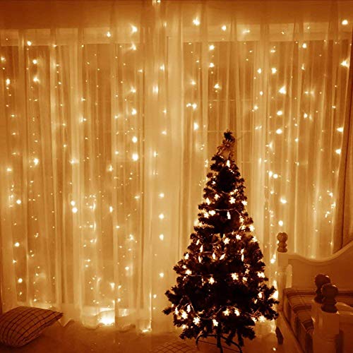 LED Curtain Lights,Warm White Window Curtain Fairy Lights with 8 Modes,300 LEDs Water Resistant String Lights,USB Powerd Starry Lights for Christmas,Party, Wedding,Garden, Gazebo(3m x 3m)
