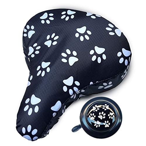 Cushioned Padded Waterproof Adjustable Fun Bike Bicycle Seat Cover (Dog PAW) with Bell