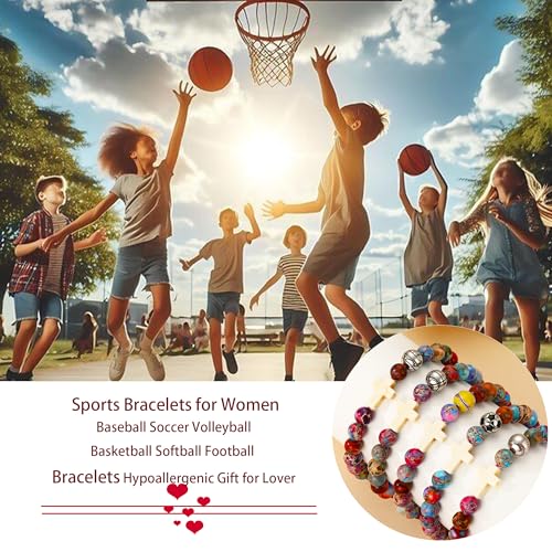 Image of Softball /Soccer /Volleyball /Basketball /Baseball /Football Sports Gifts for Girls Teens Natural Stone Beaded Cross Bracelets Christian Religious Game Day Jewelry Gift