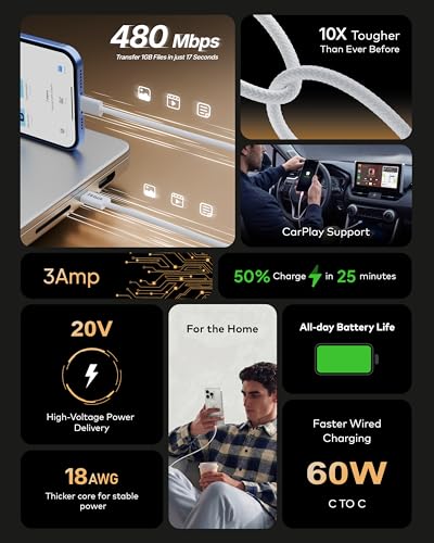 Image of FEDUS ZETTA-X3I 60W USB C to Type C Cable 1M Original,3A PD Fast Charging USB C Cord, 480Mbps Data Sync,Compatible For iPhone 17 /16 /15 Pro Max,Samsung Galaxy S26 /S25 Ultra,MacBook M4 /M3M2,iPad Pro