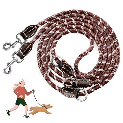 Guinzaglio per cani di taglia grande e media – Ricihene doppio guinzaglio regolabile in nylon con 2 moschettoni e 3 anelli – 3 m x 15 mm – marrone