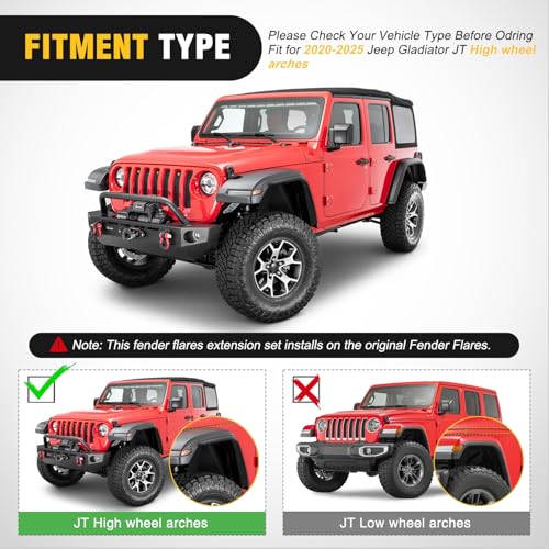 Image of Nilight Fender Flares Extensions Set Compatible with 2020 2021 2022 2023 2024 2025 2026 Gladiator JT Mojave & Rubicon (Only for High Wheel Arches) Off-Road Widened Front Rear Flat 4 PCS