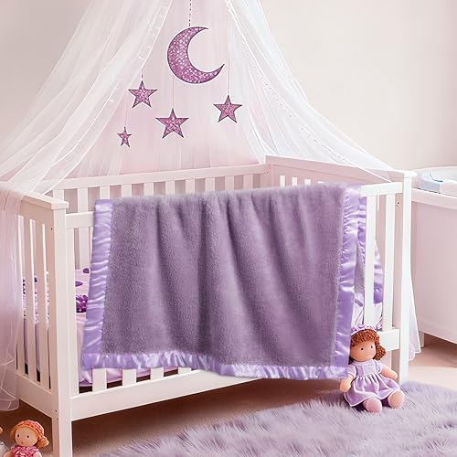 Image of Pro Goleem Fleece Baby Blanket with 2 Inch Satin Trim Soft Plush Blanket for Boys and Girls for Babies Purple 30''x40''