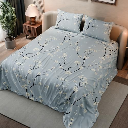 Image of BLISSHOME SoftTouch 140TC Cotton King Size Printed Bedsheet with 2 Pillow Covers for Double Bed, Silky Smooth Bedding Set, Breathable, Easy Maintain, Floral Print - Grey, White