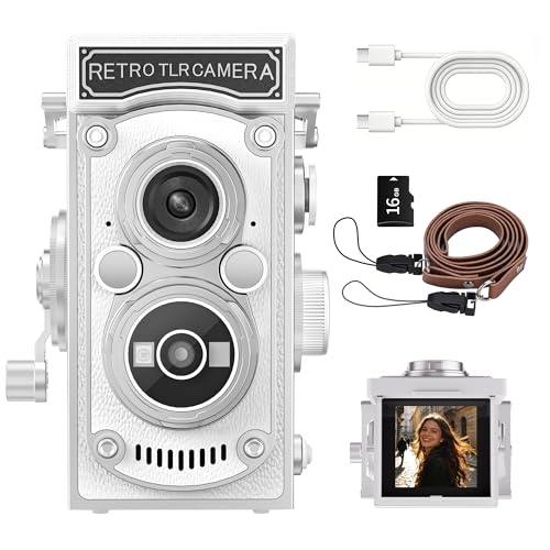 Mini Retro TLR Digital Camera, Portable 24MP 1080P FHD Vintage Point and Shoot Pocket Travel Camera with Twin Lens, Autofocus, 16X Digital Zoom, 16GB Card, for Beginners, Teens & Adults - White