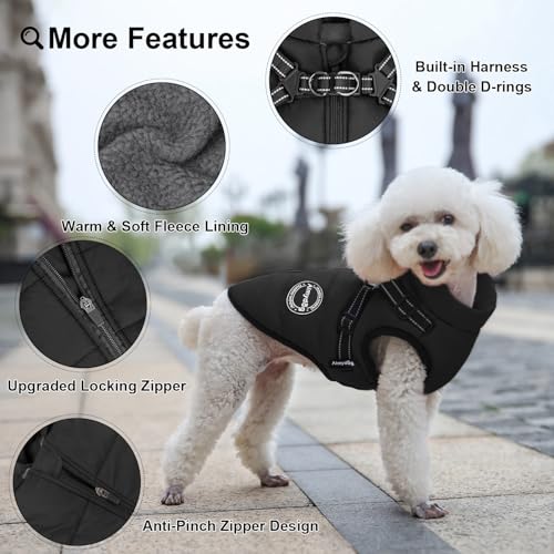 Aimydog Hundemantel Winter, Wärme Hundejacke Mit Brustgurt Gurt Winddichte mit bauchschutz, Haustier Outdoor Reflektierend Hundeweste mit Fleece Gefütterte für Kleine (Schwarz, M)