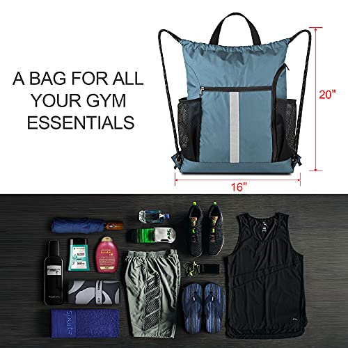 Image of BeeGreen Blue Sport Cinch Bag String Backpack with Shoe Compartment and Two Side Mesh Pockets Machine Washable Sturdy Gymsack Drawstring Sackpack