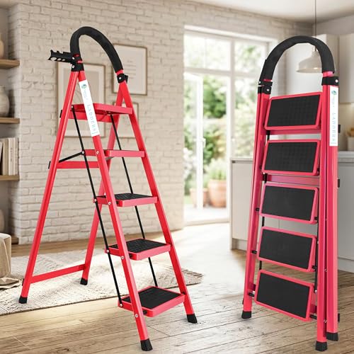 Image of Norman Jr Red 5 Step Ladder for Home Use with Built-in Tool Tray | Heavy Duty D Shape Rods | Ultra Large Platform | Wide Rubber Feet | 150Kg Capacity Foldable Ladder - 7 Years Warranty