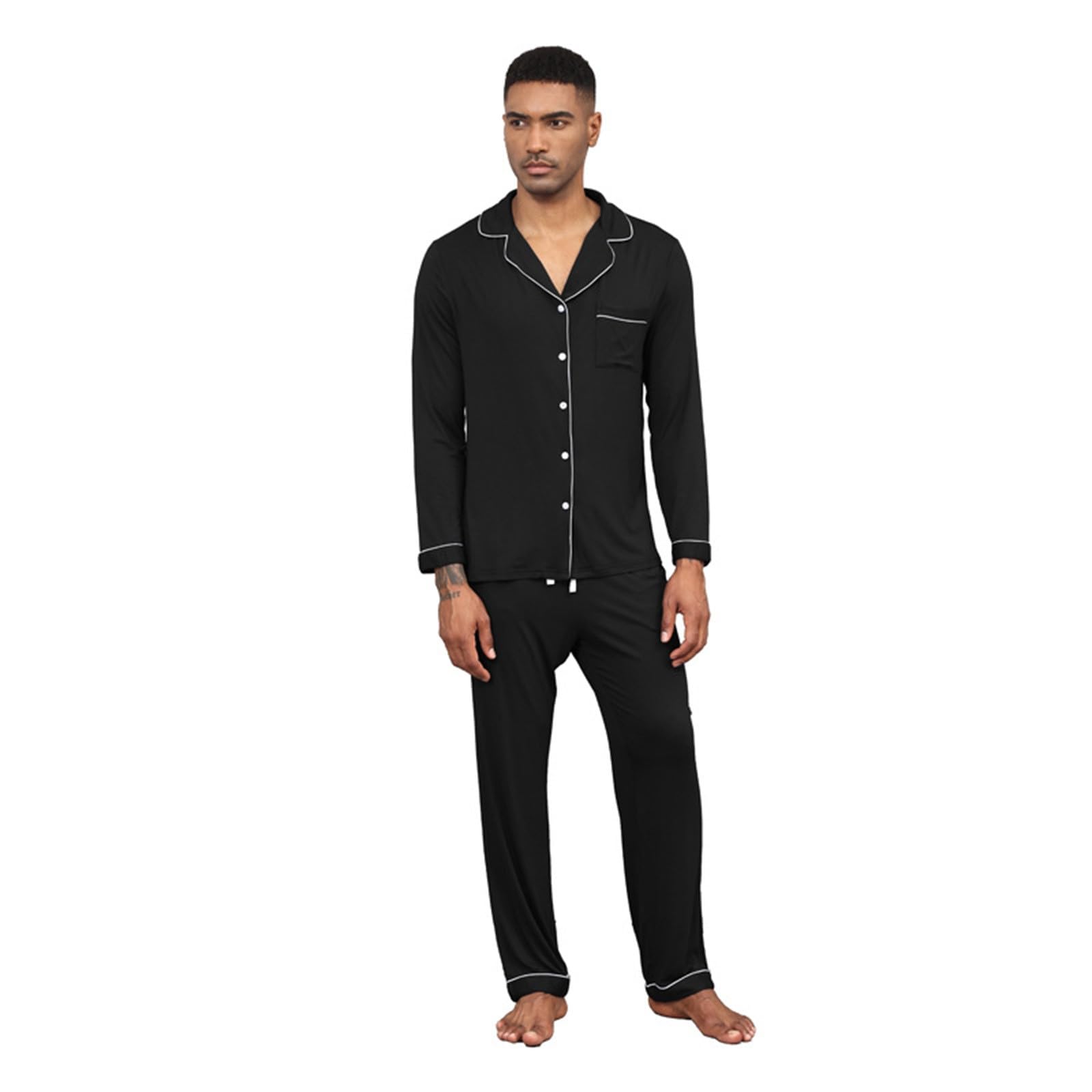 Generisch Conjunto de pijama para hombre, camisa de manga larga con cuello de solapa y pantalones largos, monocolor, algodón, informal, transpirable, ligero, suave, cómodo, traje de casa de 2 piezas
