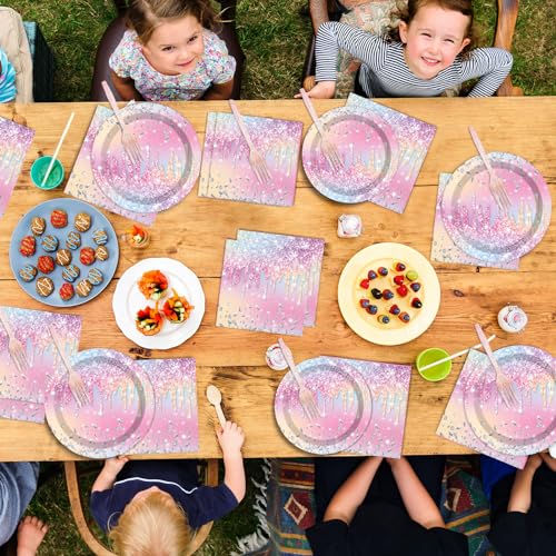 Image of 100PCS Iridescent Diamond Birthday Party Plates Napkins Forks Supplies Set Holographic Tableware Party Supplies Gem Stone Dinnerware Decorations Favors for Girls Kids Birthday Serves 25