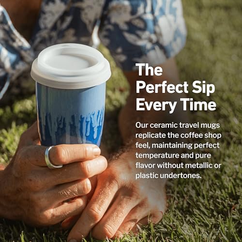 Image of NOVA CERAMICS Ceramic Tumbler- Blue Ceramic Mug - Microwave & Dishwasher Safe Coffee White & Orange Tumbler - Leak-Proof Coffee Travel Mug - 12oz - Neptune