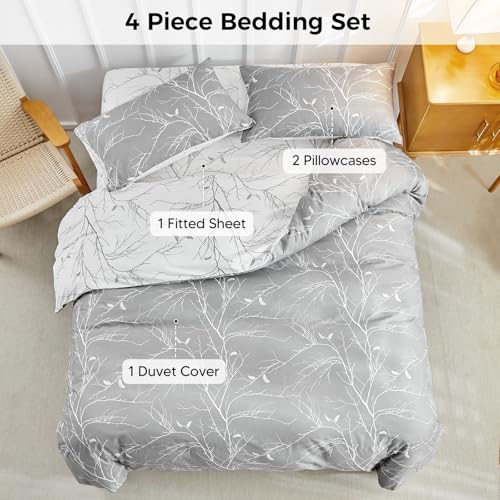 Image of Lekesky Duvet Cover Queen Size with Fitted Sheet - 4 Pieces Printed Soft Bedding Set, Includes 1 Duvet Cover 90x90 Inches with Zipper Closure & 8 Ties, 2 Pillow Cases, 1 Fitted Sheet, Grey Leaves