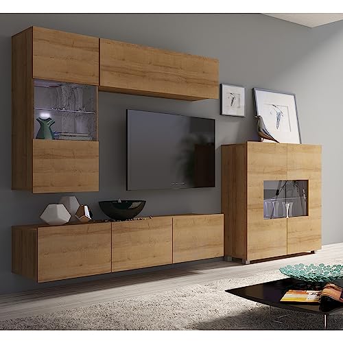 Lomadox Wohnwand Anbauwand Eiche Nb. 4-teilig Modern, mit 1 Hängevitrine mit Beleuchtung, 1 Stauraumschrank, 1 Highboard, 1 TV-Lowboard