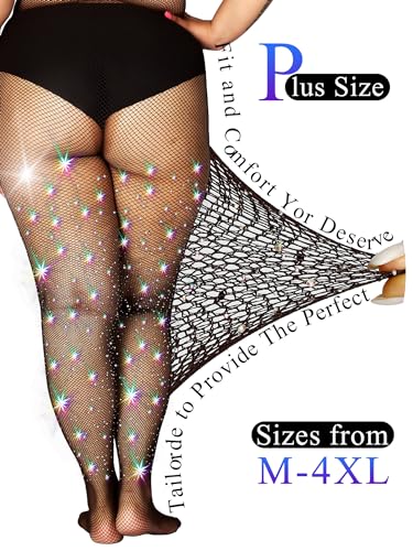 Image of HONENNA Queen Plus Size 10X Strong Rhinestone Fishnet Stockings, Ultra Sparkly High Waist Tights for Women, Party Concert