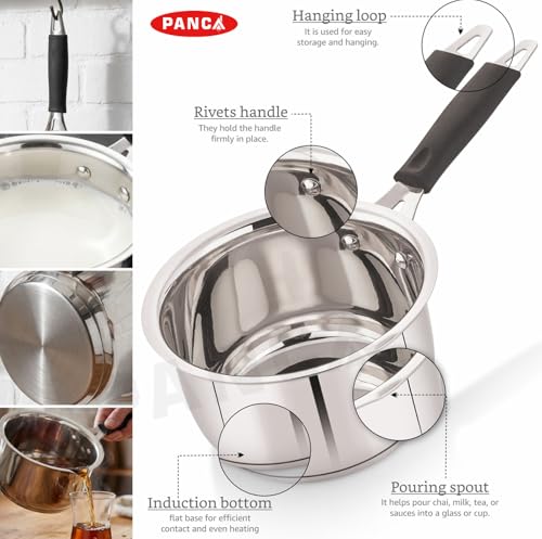 Image of PANCA Stainless Steel Sauce Pan for Tea & Milk, 16cm Triply Bottom Chai Pan with Handle, 1.6 Litre Induction Base Compatible Cooking Pot for Boiling, Sauce (Induction Bottom Capsule Bottom)