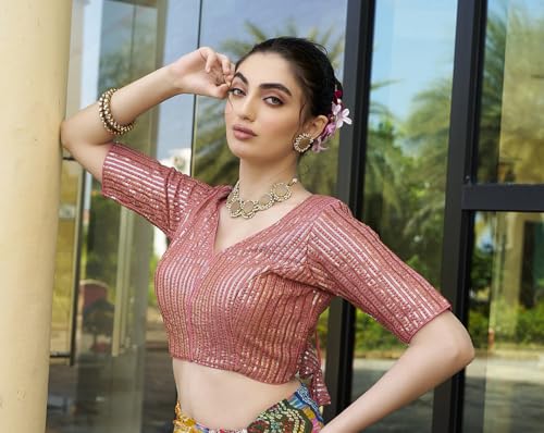 Image of Pujia Mills Women's Indian Ethnic Wear Designer Silver Sequence with Matching Embroidered Work Deep V Neck Half Sleeve Readymade Padded Saree Blouse Readymade Unique Color Saree Blouse