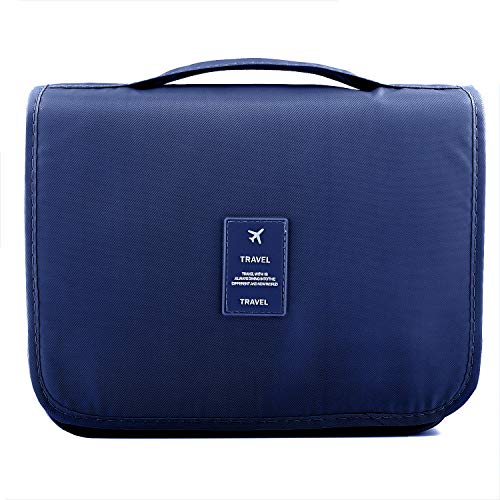 BeeViuc Bolsas de Aseo Neceser de Maquillaje Cosmético Bolso Impermeable, Neceser de Viaje Portátil Baño Organizador Bolso de Tocador Bolsa de Lavado con Gancho para Hombres y Mujeres - Azul Marino
