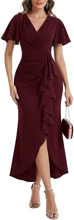 Ever-Pretty Womens V-Neck Short Sleeves Stretchy Formal Wedding Guest Dress Ruffles Maxi Bodycon Cocktail Dresses 02633