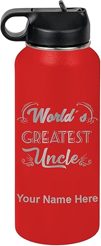 Miniatura 71 de LaserGram Botella de agua personalizada, el tío más grande del mundo, acero inoxidable de doble pared aislada al vacío con popote superior, regalo
