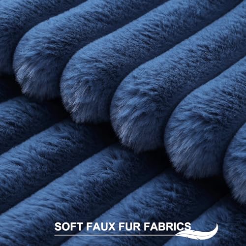 Pallene Faux Fur Plush Throw Pillow Covers 18x18 Set of 2, Luxury Soft Fluffy Striped Decorative Pillow Covers for Sofa, Couch, Living Room, Navy Blue