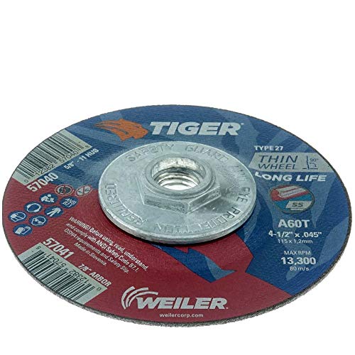 Image of Weiler 57040 4-1 /2 Inch Cutting Wheel, Tiger AO Steel /Metal Long Life Performance Cutting, .045 inch A60T Type 27 5 /8 inch-11 Hub, Pack of 10