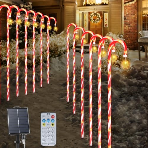Qoosea Luzes solares de Natal em forma de bastão de caramelo 6 pack luzes solares de caminho com luzes solares de neve 78 LED 8 modos luzes decoração natalícia impermeáveis para jardim, pátio relva