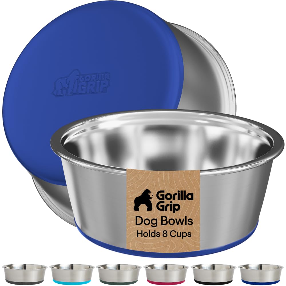 GORILLA GRIP Dog Bowls, Food Grade Stainless Steel, Set of 2, 8 Cup, Blue