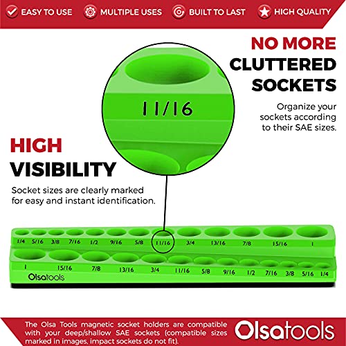 Image of Olsa Tools Magnetic Socket Organizer - 3 /8-Inch Drive SAE Socket Holder with Strong Magnets - Professional Tool Holder and Organizer - Stores up to 26 Sockets - Green - Part: 1116