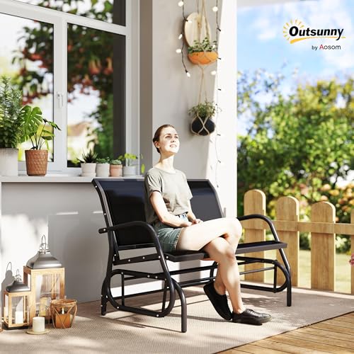 Outsunny 2-Person Outdoor Glider Bench, Patio Double Swing Rocking Chair Loveseat w/Powder Coated Steel Frame for Backyard Garden Porch, Black