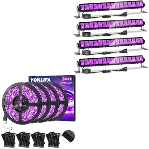 YQNLIFA 36W 4Pack Black Light Bar & 33Ft Battery Operated Black Light Strip, Blacklight for Glow Party, Fluorescent Poster, Body Paint, Halloween Decorations,Bedroom, Stage Lighting Cover