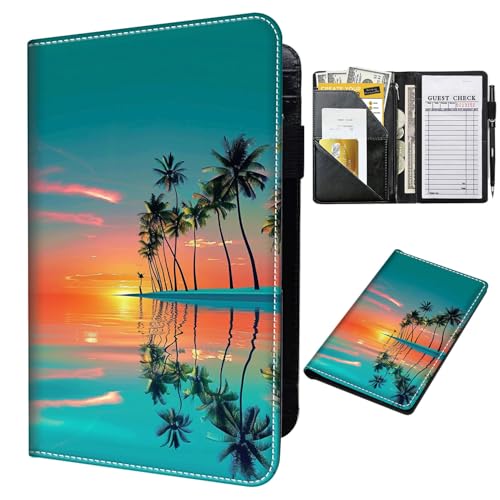 GYSYSQSH Server Books for Waitress 7.8 x 5 Inch PU Leather Waiter Book Servers Wallet with Zipper Pocket Booklet Restaurant Waitstaff Organizer Guest Check Books Holder Fit Server Apron,Sunset Beach