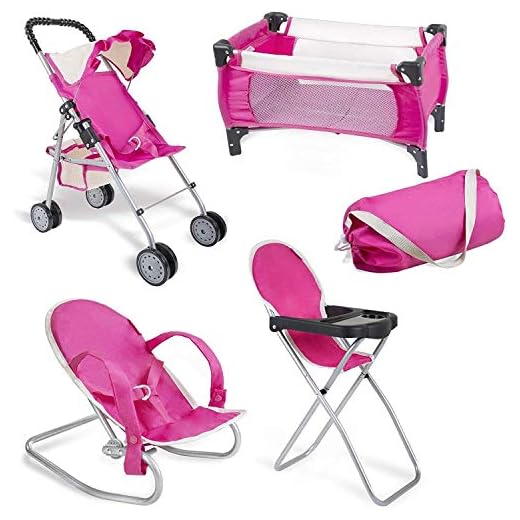 fash n kolor 4 Piece Pink Baby Doll Set, Includes - 1 Pack n Play with Carry Bag, 2 Doll Stroller, 3 Doll High Chair, 4 Infant Seat,
