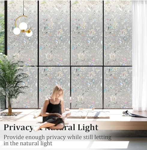 Image of CREON Frosted Privacy Window (12 X 26 Inch) Film with Tulip Flower Pattren & Stained Glass Design, Adhesive-Free for Home, Bathroom & Office