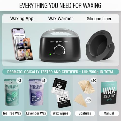 Image of Tress Wellness Award Winning Waxing Kit for Sensitive Skin - Safe for Face & Skin, Easy to Use - At-Home Kit for Face, Bikini, Brazilian & Full Body - Black, No Display