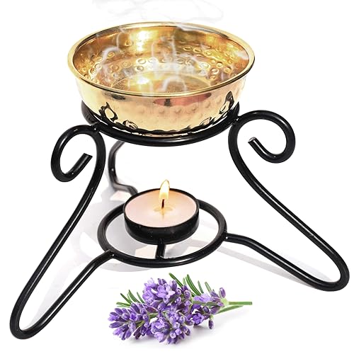 Image of Pure Source India Oil Diffuser Set with Metal Powder Coated Stand and Pure Brass Bowl with 1 Tea Light and 10 ML Lemon Grass Aroma .(Oil Diffuser Set)