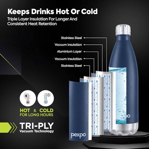 Image of Go24 pexpo Thermo Flask 1 Litre| Hot and Cold Flask | ISI Certified Stainless Steel | 3 Layer Insulation | Leakproof | for Home, Office | 2-Year Warranty | Electro 980ml | Denim Blue