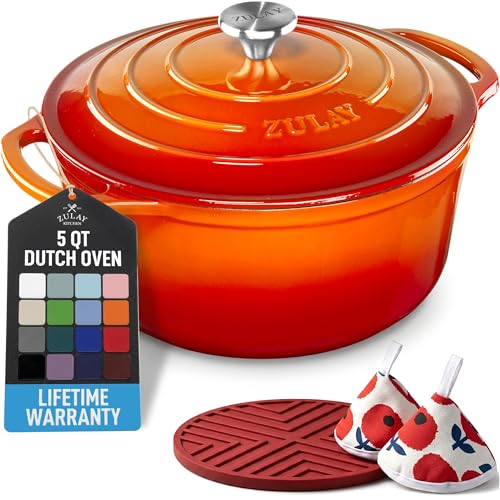 Image of Zulay Kitchen 5 Quart Enameled Cast Iron Dutch Oven Pot with Lid - Premium Durability & Oven Safe up to 500F - Heavy Duty Cookware Perfect for Bread Baking, Stews, Braising & Roasting - Orange