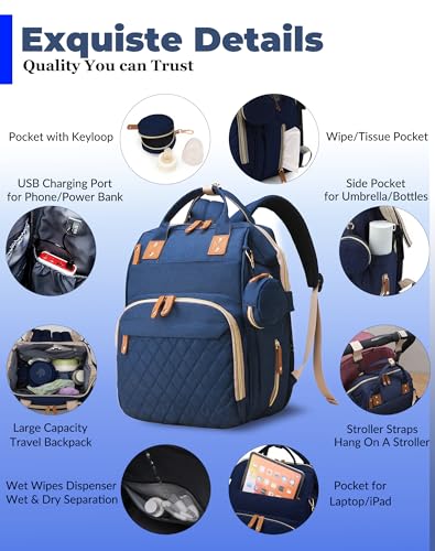 Image of Diaper Bag with Changing Station, Waterproof 3 in 1 Diaper Backpack with Foldable Changing Pad, USB Charging Port, Large Travel Backpack for Mom & Dad, Baby essentials-Blue