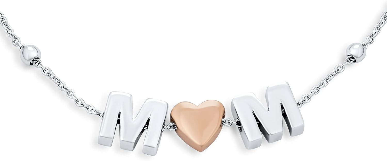 Dainty Delicate Personalized Block Letters Station Rose Heart MOM Word Bracelet For Women Mother .925 Sterling Silver 7.5 Inch