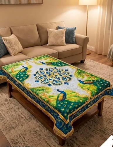 Image of Velvet Decorative Rectangular Table Cover with Traditional Design, Living Room Centre Table Cloth, Beige and Multicolour Size (36 * 56) (Peacock Green t-c)