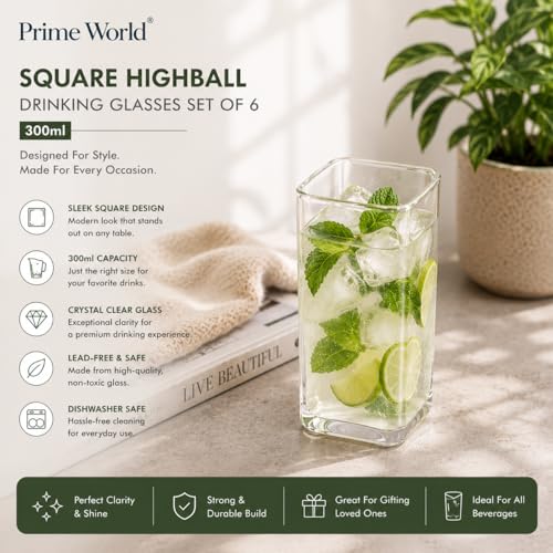 Image of PrimeWorld Square Highball Drinking Glasses Set of 6 (300ml) | Thin Glass Tumblers for Water, Wine, Cocktails, Coffee & Milk | Lead-Free, Dishwasher Safe Bar Glassware