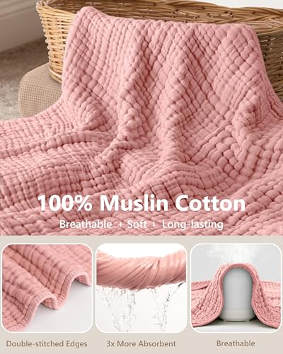 Image of Baby Girl Bath Towels, 100% Muslin Cotton Hooded Baby Towels for Newborn, 2 Pack Baby Towels with Hood for Infant Toddler and Kids, Large 32x32Inch Essentials, Soft and Absorbent Pink Flower
